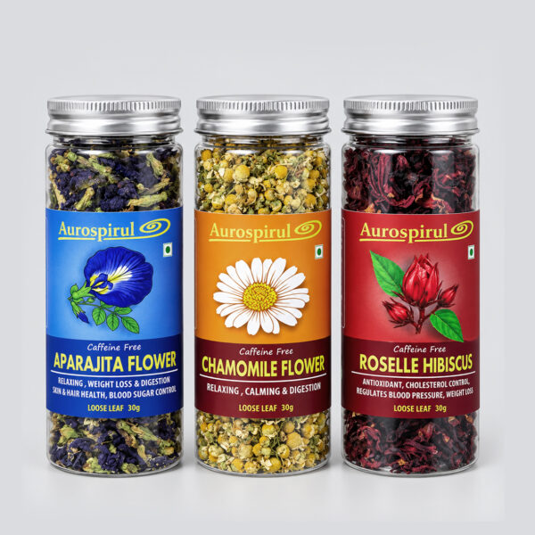 AUROSPIRUL Aparajita - Chamomile - Roselle Hibiscus - Loose Leaf Flower Tea – 3 x 30g 60+ cups - Caffeine Free